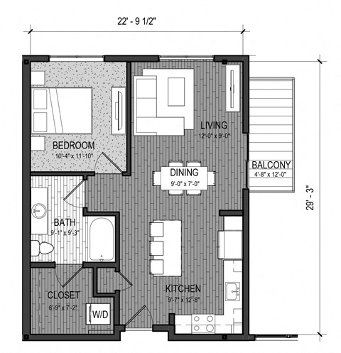 Floor plan for 1 bed, 1 bath, 696 sqft